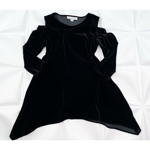 Caroline Rose Women Sz XS Black Stretch Velvet Cold Shoulder Flared Tunic Blouse - Picture 2 of 8